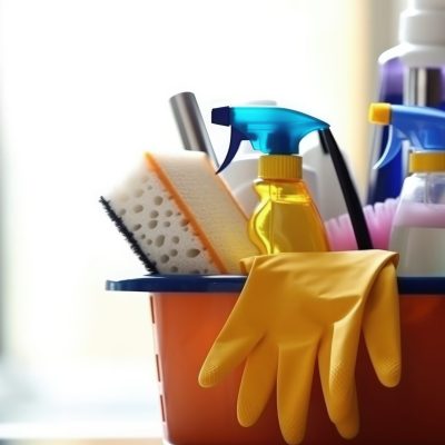 Cleaning products and tools on bucket Illustration Generative AI